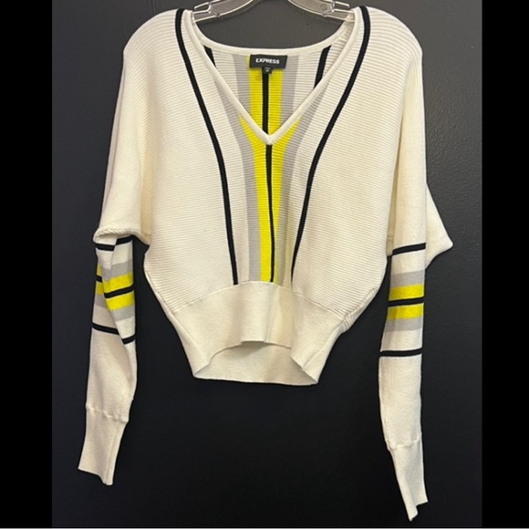 Express Sweaters - EXPRESS White V-Neck Bat Sleeve Sweater with HighLighter Yellow and Grey Stripe